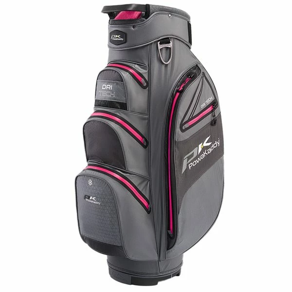 POWAKADDY DRI-TECH 14 WAY WATERPROOF GOLF CART TROLLEY BAG – GUN METAL / PINK 1 POWAKADDY DRI-TECH 14 WAY WATERPROOF GOLF CART TROLLEY BAG – GUN METAL / PINK