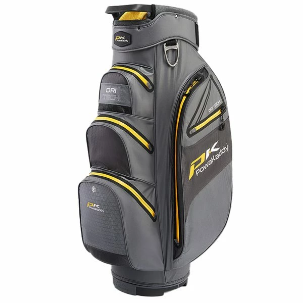 POWAKADDY DRI-TECH 14 WAY WATERPROOF GOLF CART TROLLEY BAG – GUN METAL / YELLOW 1 POWAKADDY DRI-TECH 14 WAY WATERPROOF GOLF CART TROLLEY BAG – GUN METAL / YELLOW